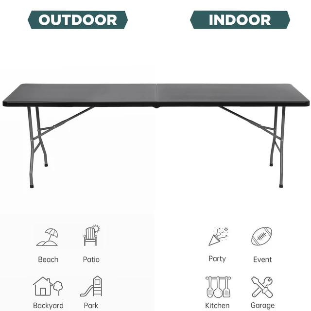 Alt view image 6 of 7 - | 8FT Folding Table | Black | Portable Plastic Table | with Carry Handle | Waterproof & Foldable Table Design | Steel Frame with Lock | for Events, Camping, Indoor & Outdoor Use