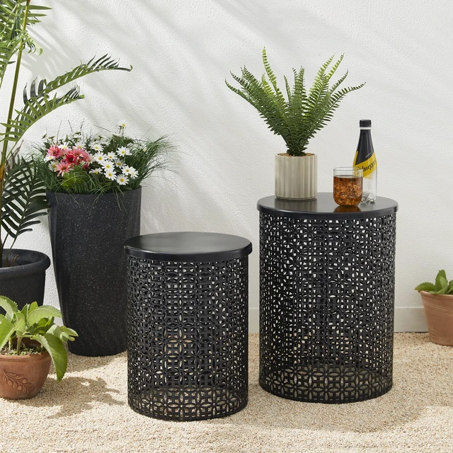 Alt view image 6 of 7 - Outdoor Side Table Set of 2, Decorative Garden Stool for Patio Heavy Duty Metal Frame Accent Table Modern End Table, Glossy Black