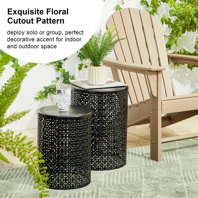 Alt view image 4 of 7 - Outdoor Side Table Set of 2, Decorative Garden Stool for Patio Heavy Duty Metal Frame Accent Table Modern End Table, Glossy Black