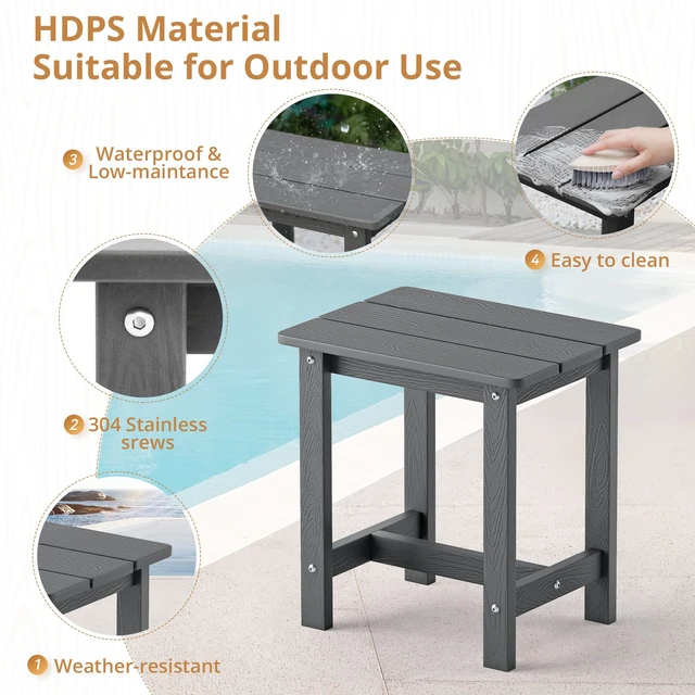 Alt view image 5 of 7 - Outdoor Side Table Set of 2, HDPS Small Outdoor Table, Adirondack Side Table, Outside End Table for Patio, Deck, Pool, Weather Resistant/Easy Maintenance, Dark Gray
