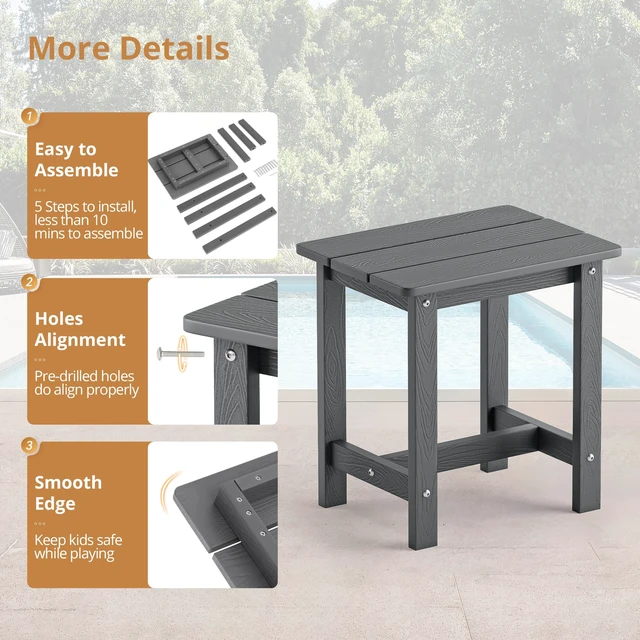 Alt view image 6 of 7 - Outdoor Side Table Set of 2, HDPS Small Outdoor Table, Adirondack Side Table, Outside End Table for Patio, Deck, Pool, Weather Resistant/Easy Maintenance, Dark Gray