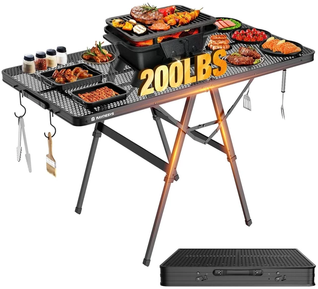 Main image of Portable Folding Grill Table for Ourdoor, Camping, Picnic, BBQ | Foldable Grill Table with Mesh Desktop, 200lbs 4Ft Height Adjustable Metal Table, 47.24" L x 23.62" W