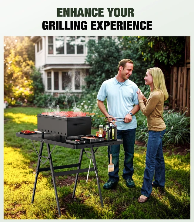 Alt view image 3 of 7 - Portable Folding Grill Table for Ourdoor, Camping, Picnic, BBQ | Foldable Grill Table with Mesh Desktop, 200lbs 4Ft Height Adjustable Metal Table, 47.24" L x 23.62" W