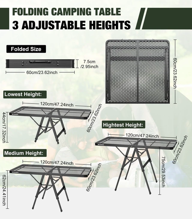 Alt view image 5 of 7 - Portable Folding Grill Table for Ourdoor, Camping, Picnic, BBQ | Foldable Grill Table with Mesh Desktop, 200lbs 4Ft Height Adjustable Metal Table, 47.24" L x 23.62" W
