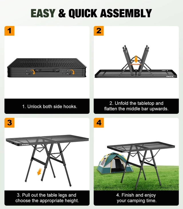 Alt view image 7 of 7 - Portable Folding Grill Table for Ourdoor, Camping, Picnic, BBQ | Foldable Grill Table with Mesh Desktop, 200lbs 4Ft Height Adjustable Metal Table, 47.24" L x 23.62" W