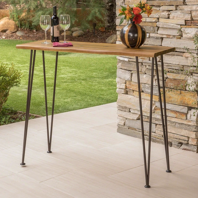 Alt view image 2 of 7 - Denali Ouotdoor Industrial Acacia Wood Bar Table with Iron Frame, Teak Finish / Rustic Metal