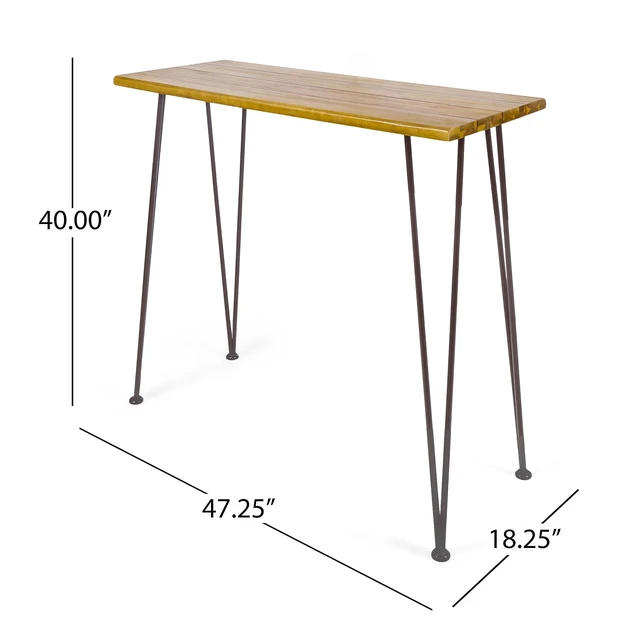 Alt view image 3 of 7 - Denali Ouotdoor Industrial Acacia Wood Bar Table with Iron Frame, Teak Finish / Rustic Metal