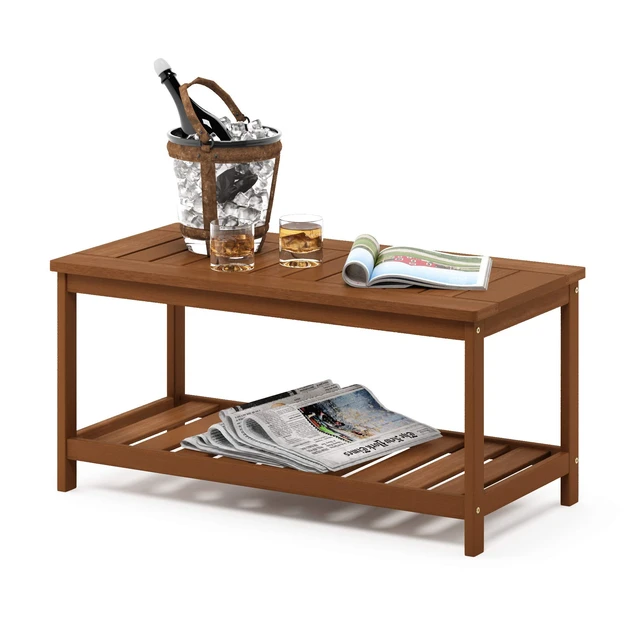 Alt view image 4 of 7 - TIOMAN 2-Tier Outdoor Patio Table with Open Shelf, Natural | Slatted Hardwood Tabletop, Side Table, Coffee Table, in Teak Oil, for Patio, Garden, Porch