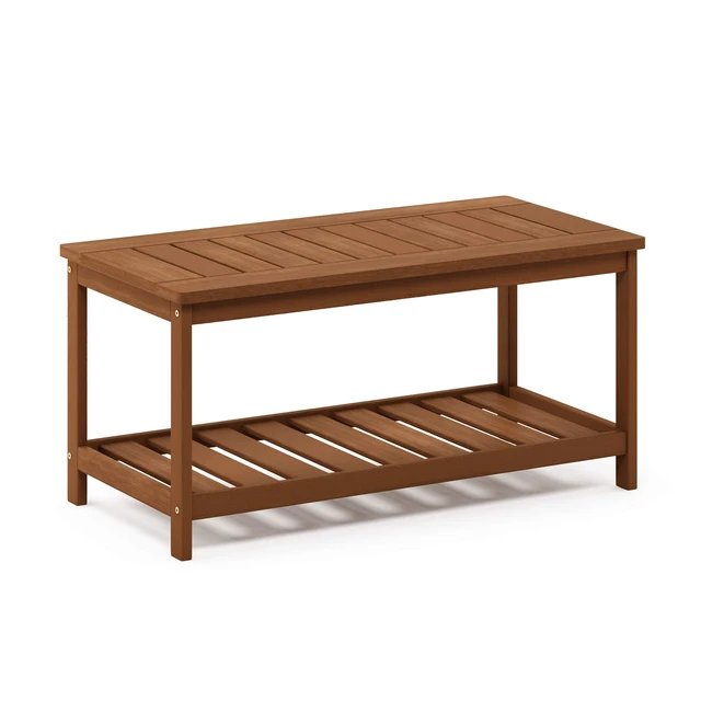 Alt view image 5 of 7 - TIOMAN 2-Tier Outdoor Patio Table with Open Shelf, Natural | Slatted Hardwood Tabletop, Side Table, Coffee Table, in Teak Oil, for Patio, Garden, Porch