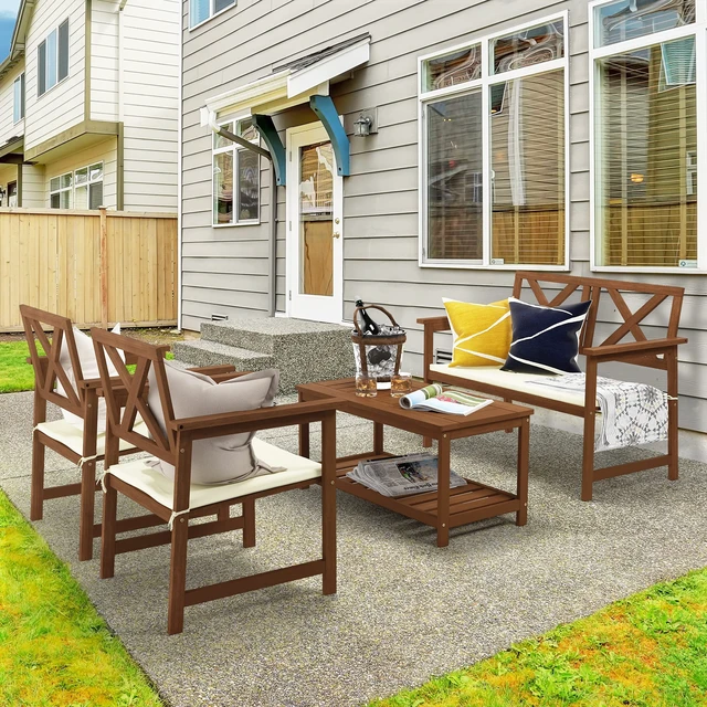Alt view image 2 of 7 - TIOMAN 2-Tier Outdoor Patio Table with Open Shelf, Natural | Slatted Hardwood Tabletop, Side Table, Coffee Table, in Teak Oil, for Patio, Garden, Porch
