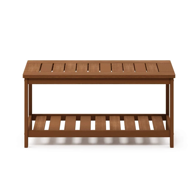 Alt view image 6 of 7 - TIOMAN 2-Tier Outdoor Patio Table with Open Shelf, Natural | Slatted Hardwood Tabletop, Side Table, Coffee Table, in Teak Oil, for Patio, Garden, Porch