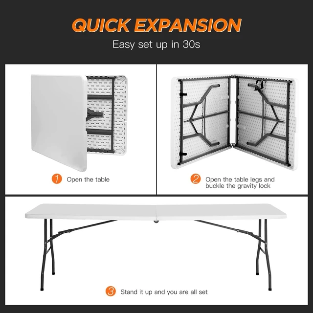 Alt view image 2 of 7 - | 8FT Folding Table | White | Portable Plastic Table | with Carry Handle | Waterproof & Foldable Table Design | Steel Frame with Lock | for Events, Camping, Indoor & Outdoor Use