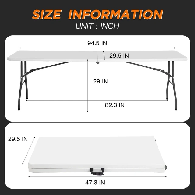 Alt view image 3 of 7 - | 8FT Folding Table | White | Portable Plastic Table | with Carry Handle | Waterproof & Foldable Table Design | Steel Frame with Lock | for Events, Camping, Indoor & Outdoor Use