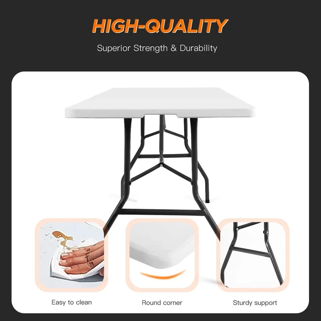 Alt view image 4 of 7 - | 8FT Folding Table | White | Portable Plastic Table | with Carry Handle | Waterproof & Foldable Table Design | Steel Frame with Lock | for Events, Camping, Indoor & Outdoor Use