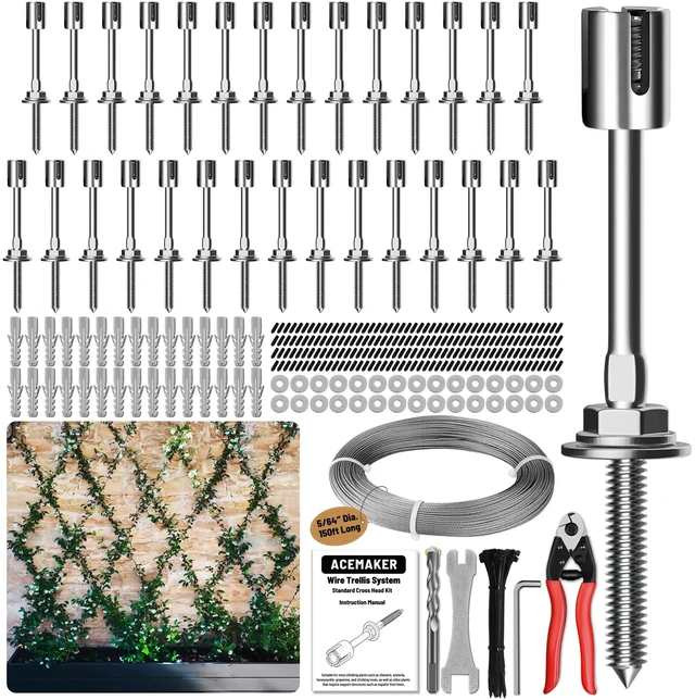 Main image of Wire Trellis Kit, 30-Set 5/64 Crosshead with Cutter & 150ft Cable | T316 Marine Grade Stainless Steel, Wall-Mounted Cable Trellis for Climbing Plants Outdoor, Garden Fence Espalier System