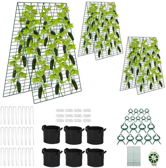 Main image of Foldable Cucumber Trellis 48" L x 34" W - 3 Pack | A-Frame Trellis, Climbing Plants Support Raised Bed Trellis, with Twist Ties & Plant Bags for Outdoor Yards Gardens