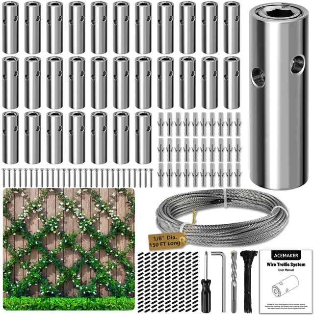 Main image of Wire Trellis Kit, 30-Set 1/8 Cylindrical Kit with 150ft Cable | T316 Marine Grade Stainless Steel, Wire Trellis System For Outdoor Climbing Plants Support, Wall And Garden Fence Espalier
