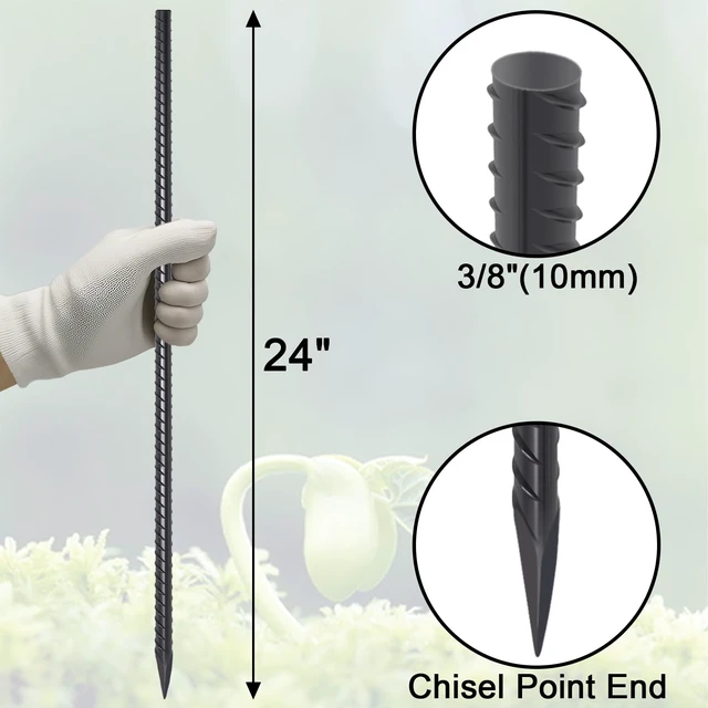Alt view image 2 of 4 - Straight Rebar Stakes 24 Inch Ground Concrete Form Stakes Heavy Duty | 3/8 Inch Thickness Metal Steel Spikes, Chisel Point End Anchors for Plant Support, Garden Border, Landscape Edging 50-Pack