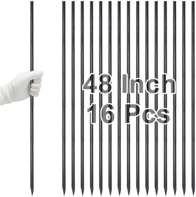 Main image of Straight Rebar Stakes 48 Inch Ground Concrete Form Stakes Heavy Duty | 3/8 Inch Thickness Metal Steel Spikes, Chisel Point End Anchors for Plant Support, Garden Border, Landscape Edging 16-Pack