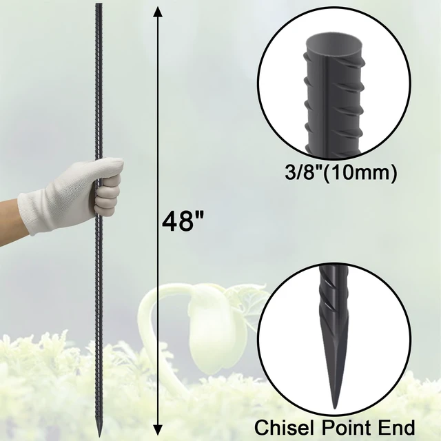 Alt view image 2 of 4 - Straight Rebar Stakes 48 Inch Ground Concrete Form Stakes Heavy Duty | 3/8 Inch Thickness Metal Steel Spikes, Chisel Point End Anchors for Plant Support, Garden Border, Landscape Edging 16-Pack