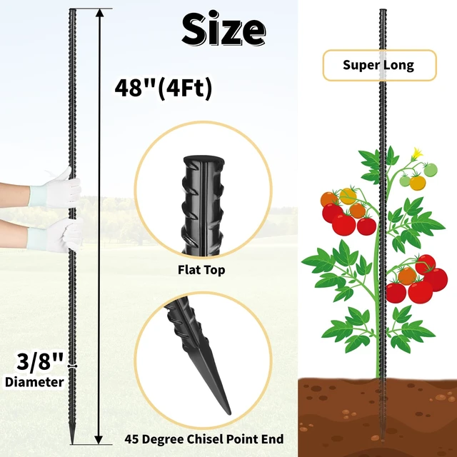 Alt view image 2 of 4 - Rebar Stakes 48 inches 16-Pack Concrete Form Stakes Straight 3/8" Diameter Rebar Ground Metal Stakes for Landscaping, Securing Fence, Garden Plants Support, Survey Markers and Securing Trees