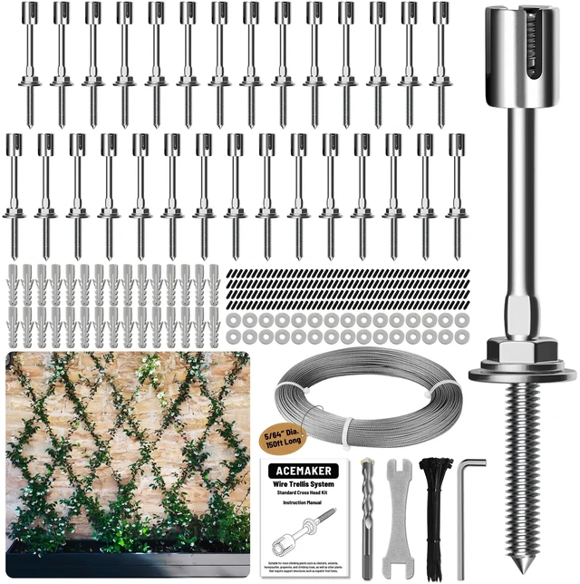 Main image of Wire Trellis Kit, 30-Set 5/64(2mm) Crosshead Kit with 150ft Cable | T316 Marine Grade Stainless Steel, Wall-Mounted Cable Trellis for Climbing Plants Outdoor, Garden Fence Espalier System