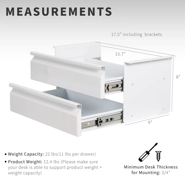 Alt view image 3 of 7 - White 16 in Slide Out Dual Tier Desk Drawer, DESK-DR02W | Under Desk 2-Layer Storage, Workstation Organizer, Smooth Glide, 2-Drawer Design, Holds 22 lbs
