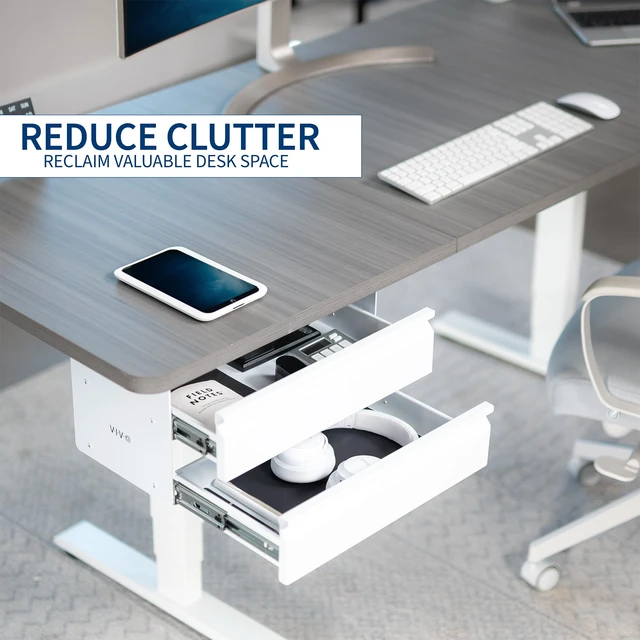 Alt view image 6 of 7 - White 16 in Slide Out Dual Tier Desk Drawer, DESK-DR02W | Under Desk 2-Layer Storage, Workstation Organizer, Smooth Glide, 2-Drawer Design, Holds 22 lbs
