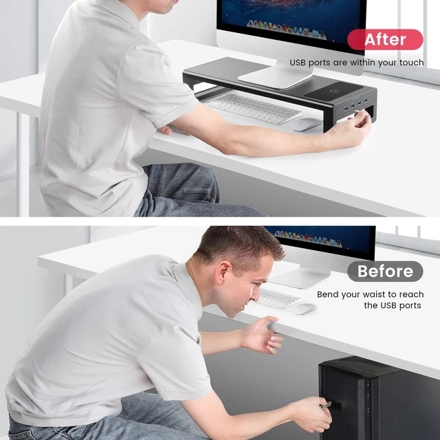 Alt view image 3 of 7 - Wireless Charging and USB 3.0 Monitor Stand, Monitor Riser for Desk with Storage, Single Shelf Holder Raiser Organizer for Computer iMac Laptop PC Screen, Heavy Duty Gift Gaming Studio Office