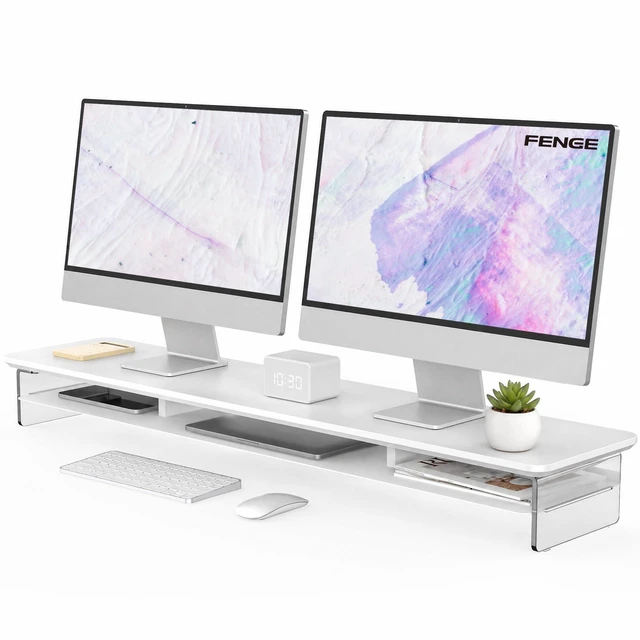 Main image of 42.5" Dual Monitor Stand with Clear Acrylic Legs, White | Clear Acrylic, Storage Compartment, 2-tier Home Office Monitor Riser, Wide Large Desktop Shelf Fit Monitor/Laptop/Printer