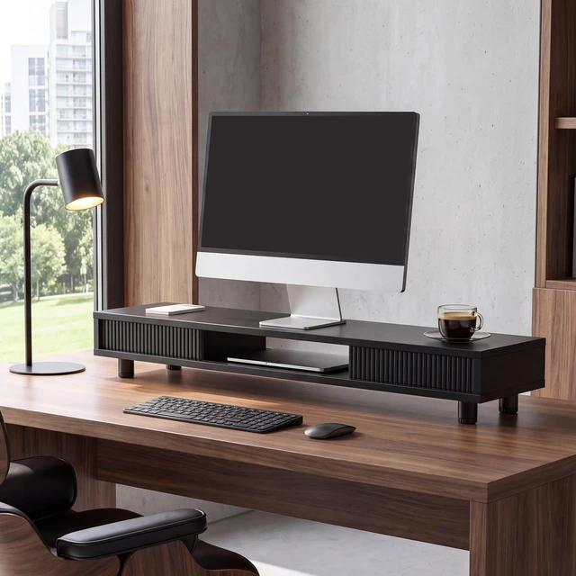 Alt view image 2 of 7 - Dual Monitor Stand with Storage, Desk Shelf with Glass Sliding Door | Ergonomic Height Adjustment, 42.5in Monitor Shelf, 2-Tier Monitor Riser, Desk Organizer for Screen, PC, Laptop, Black
