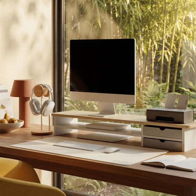 Alt view image 2 of 7 - Monitor Stand, Desk Computer Riser with Frosted Storage Drawer, Oak | 42.5 Inch Dual Monitor Riser, 2 Tiers, Cable Management, Desk Shelf for 2 Monitors, Ultrawide Screen, Laptop, TV, Home Office