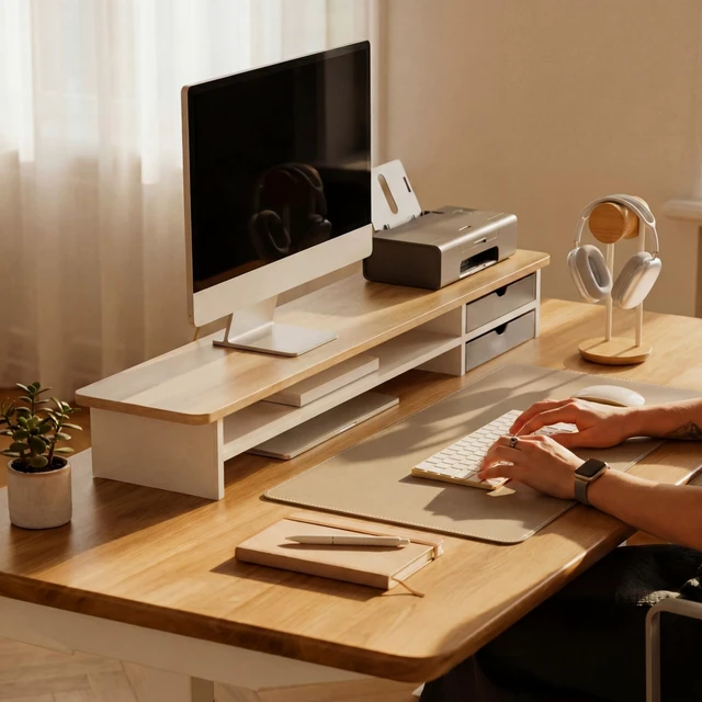 Alt view image 5 of 7 - Monitor Stand, Desk Computer Riser with Frosted Storage Drawer, Oak | 42.5 Inch Dual Monitor Riser, 2 Tiers, Cable Management, Desk Shelf for 2 Monitors, Ultrawide Screen, Laptop, TV, Home Office