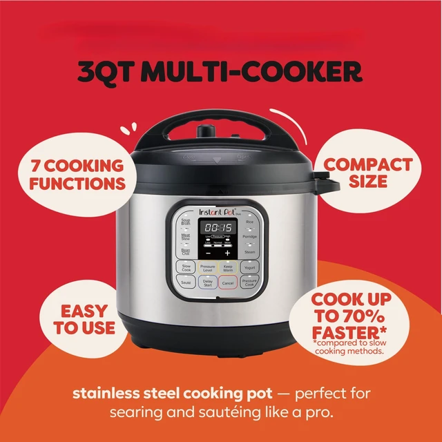 Alt view image 2 of 7 - Duo 7-in-1 Mini Electric Pressure Cooker, Slow Rice Cooker, Steamer, Sauté, Yogurt Maker, Warmer & Sterilizer, Includes Free App with over 1900 Recipes, Stainless Steel, 3 Quart