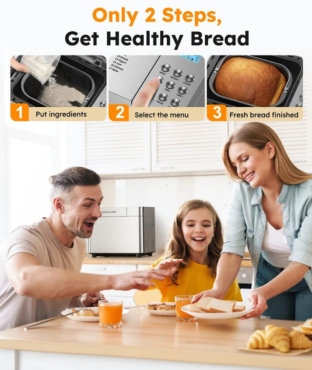 Alt view image 4 of 7 - 2LB Bread Maker, 17 in 1 Automatic Stainless Steel Bread Machine | Non-stick, Beginner-Friendly Controls, 15 Hour Timer, Easy to Clean Low Noise, High Success Rate for Homemade, LCD Display