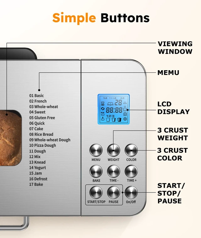 Alt view image 7 of 7 - 2LB Bread Maker, 17 in 1 Automatic Stainless Steel Bread Machine | Non-stick, Beginner-Friendly Controls, 15 Hour Timer, Easy to Clean Low Noise, High Success Rate for Homemade, LCD Display