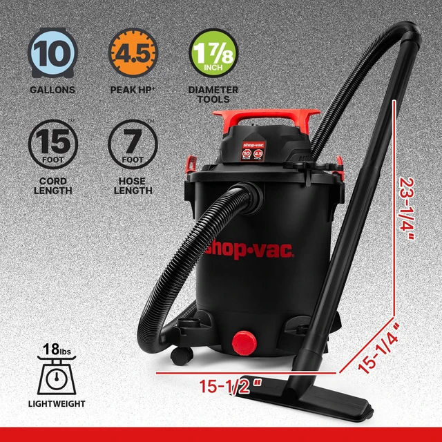 Alt view image 2 of 7 - 5430115 10 Gallon 4.5 Peak HP Wet/Dry Vacuum with Blower Function | 1-7/8" x 7-ft Hose, 15-ft Cord, Filters & Attachments Included, Ideal for Jobsite, Garage, Workshop & Home