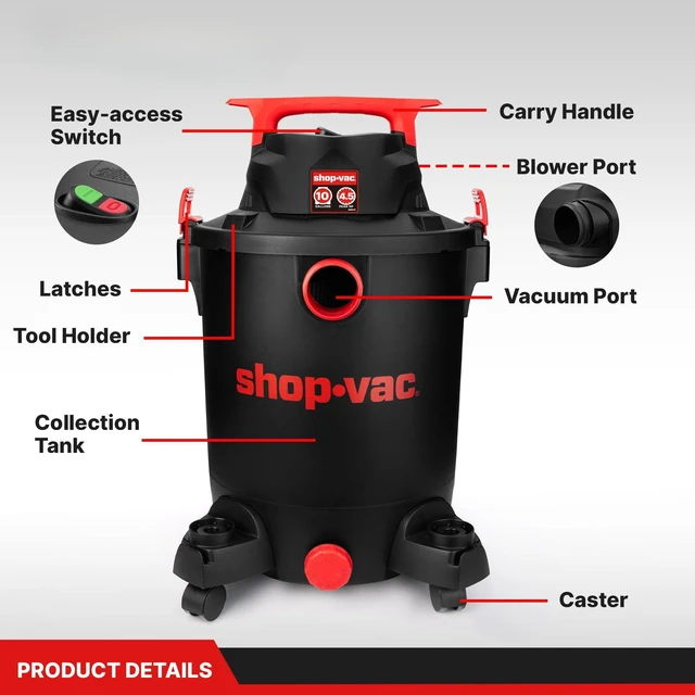 Alt view image 3 of 7 - 5430115 10 Gallon 4.5 Peak HP Wet/Dry Vacuum with Blower Function | 1-7/8" x 7-ft Hose, 15-ft Cord, Filters & Attachments Included, Ideal for Jobsite, Garage, Workshop & Home