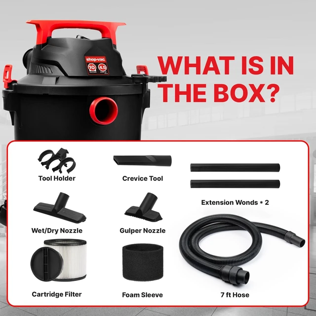 Alt view image 7 of 7 - 5430115 10 Gallon 4.5 Peak HP Wet/Dry Vacuum with Blower Function | 1-7/8" x 7-ft Hose, 15-ft Cord, Filters & Attachments Included, Ideal for Jobsite, Garage, Workshop & Home