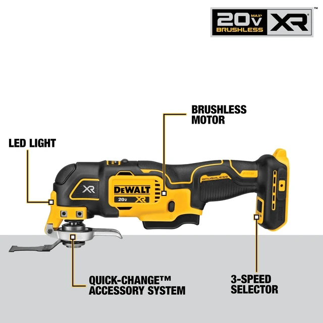 Alt view image 3 of 6 - 20V MAX XR Oscillating Tool Kit with Blades, 3 Speed Cordless Brushless Multitool, Up to 20,000 OPM, LED Light, Battery and Charger Included (DCS356C1)