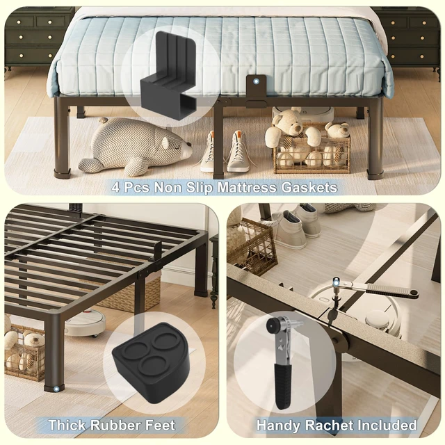 Alt view image 5 of 6 - 18 inch Full Size Bed Frame with Round Corner Legs Mattress Slide Stopper,3500 lbs Heavy Duty Metal Platform,Steel Slat Support,No Box Spring Needed,Easy Assembly,Noise Free
