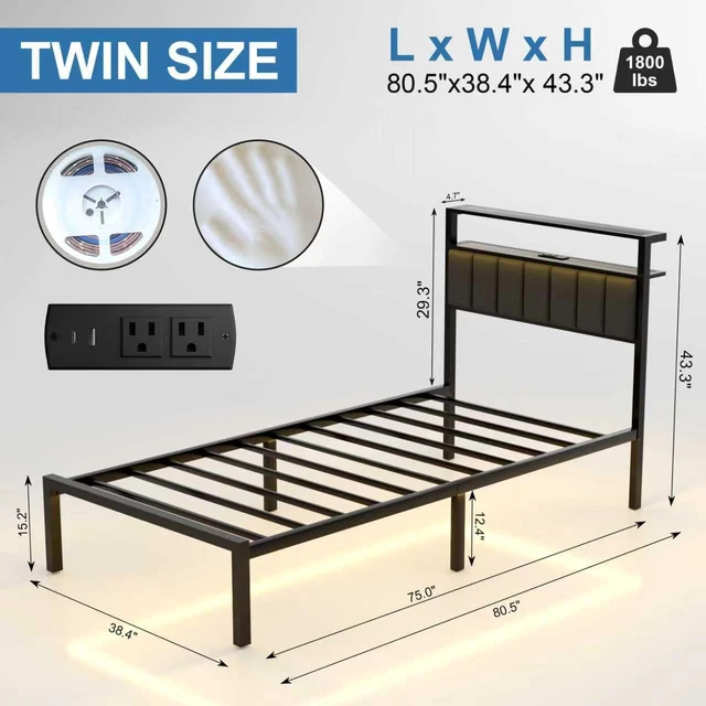 Alt view image 2 of 7 - Twin Bed Frames with Charging Station and LED Lights, Twin Size Platform Bed with Metal Slats, Upholstered Headboard with 2-Tier Storage Shelves, No Box Spring Needed, Easy Assembly, Black