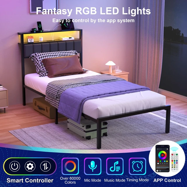 Alt view image 4 of 7 - Twin Bed Frames with Charging Station and LED Lights, Twin Size Platform Bed with Metal Slats, Upholstered Headboard with 2-Tier Storage Shelves, No Box Spring Needed, Easy Assembly, Black
