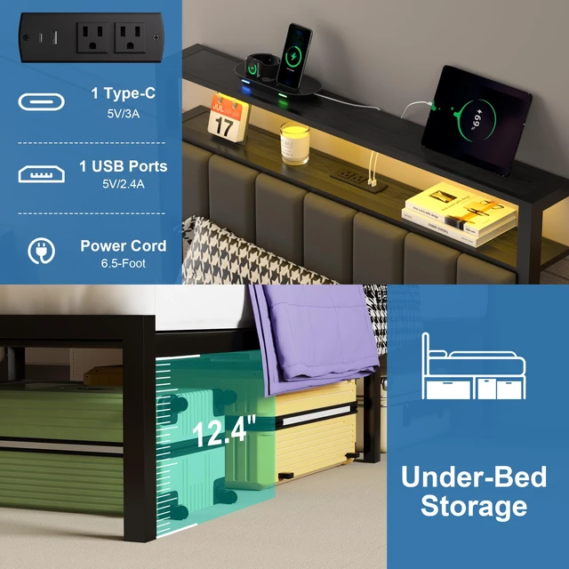 Alt view image 5 of 7 - Twin Bed Frames with Charging Station and LED Lights, Twin Size Platform Bed with Metal Slats, Upholstered Headboard with 2-Tier Storage Shelves, No Box Spring Needed, Easy Assembly, Black