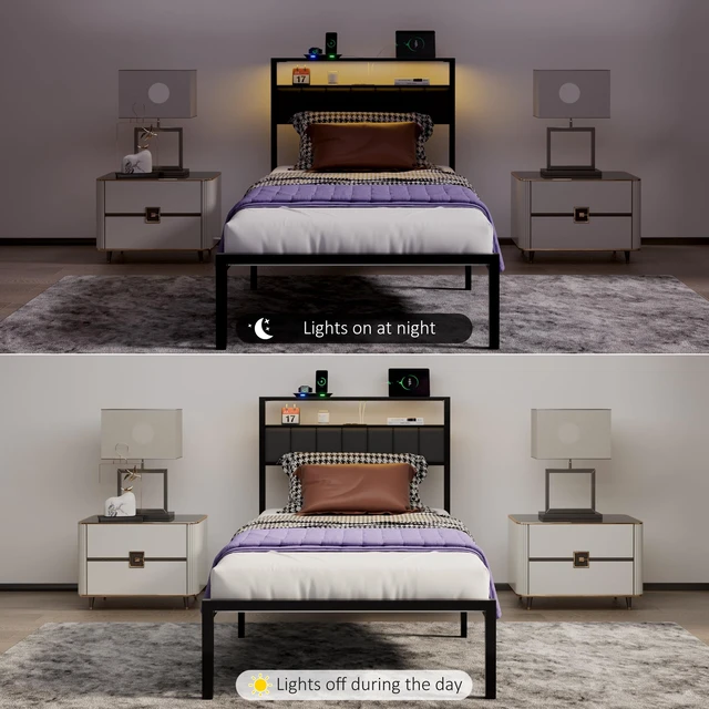 Alt view image 7 of 7 - Twin Bed Frames with Charging Station and LED Lights, Twin Size Platform Bed with Metal Slats, Upholstered Headboard with 2-Tier Storage Shelves, No Box Spring Needed, Easy Assembly, Black