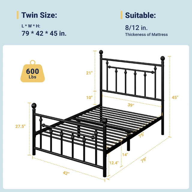 Alt view image 2 of 7 - 14'' Twin Size Metal Platform Bed Frame, Vintage Headboard, Black | 45'' Tall Victorian Headboard/Footboard/Mattress Foundation/Under Bed Storage/No Box Spring Needed/Easy Assembly/Noise Free