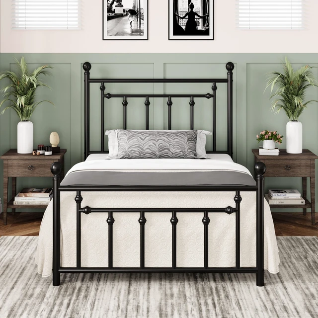 Main image of 14'' Twin Size Metal Platform Bed Frame, Vintage Headboard, Black | 45'' Tall Victorian Headboard/Footboard/Mattress Foundation/Under Bed Storage/No Box Spring Needed/Easy Assembly/Noise Free