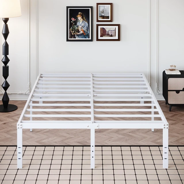 Main image of 18 Inch White Full Size Bed Frame with High Storage | Steel Slats Platform No Box Spring Needed Mattress Foundation, Easy Assembly, Noise Free