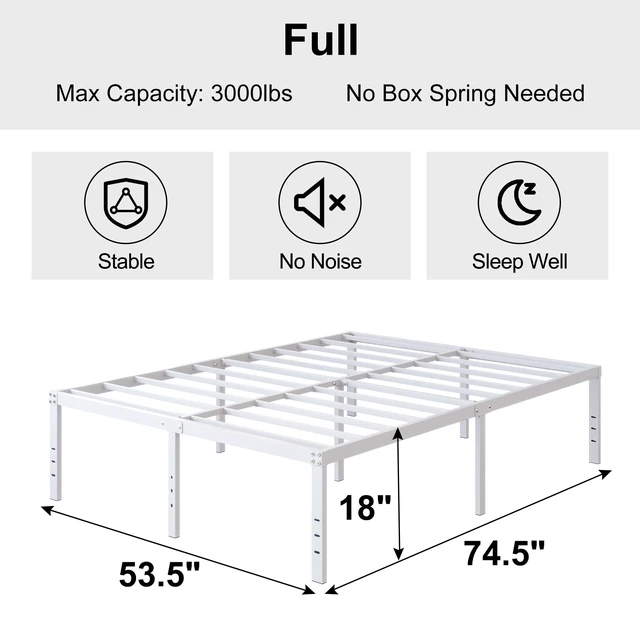 Alt view image 2 of 7 - 18 Inch White Full Size Bed Frame with High Storage | Steel Slats Platform No Box Spring Needed Mattress Foundation, Easy Assembly, Noise Free