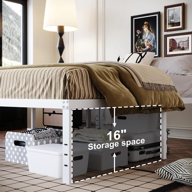 Alt view image 4 of 7 - 18 Inch White Full Size Bed Frame with High Storage | Steel Slats Platform No Box Spring Needed Mattress Foundation, Easy Assembly, Noise Free